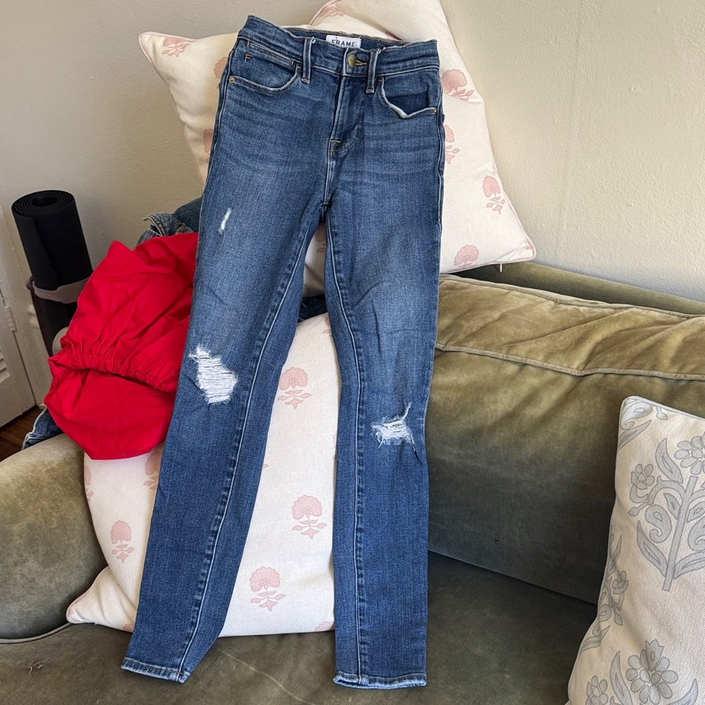 Frame Denim Medium Blue Distressed Skinny Jeans